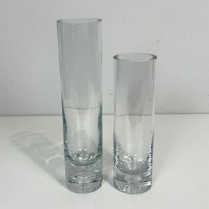 2 Krosno Polish Clear Glass Weighted Bubble Base Cylindrical Vases 10 & 8”